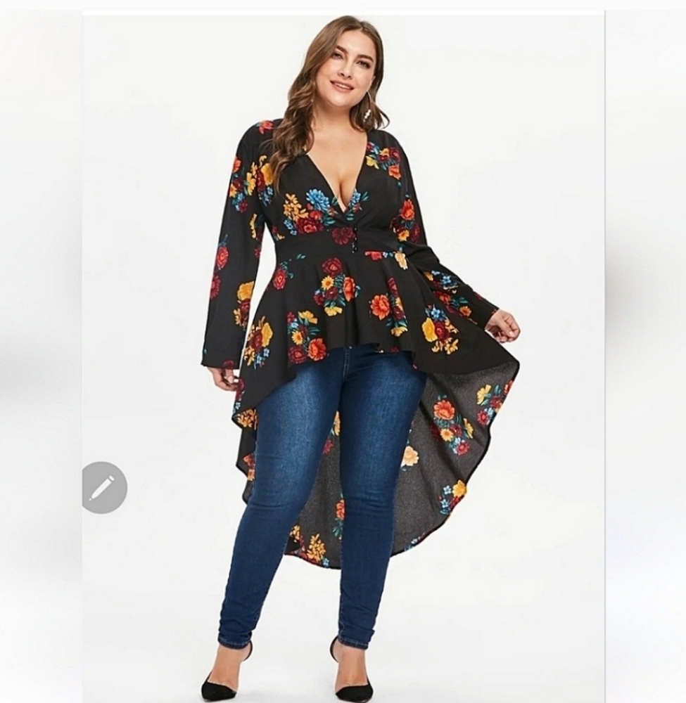 Floral High-Low Peplum Top - Black